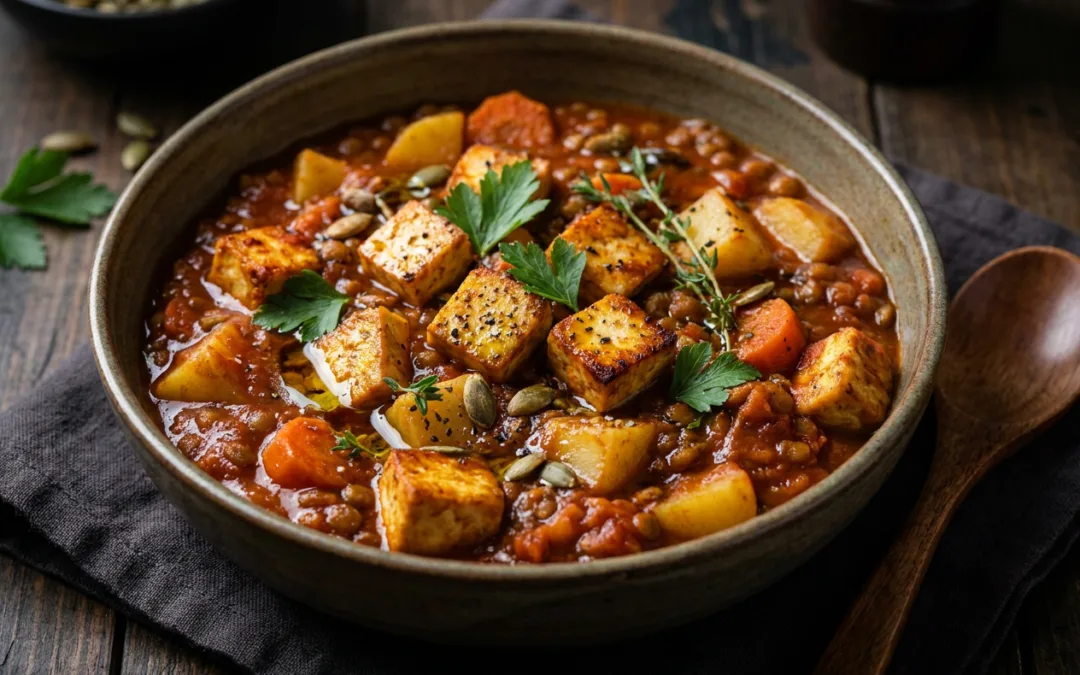 Wysokobiałkowy obiad wege – soczewica z pieczonym tofu i warzywami